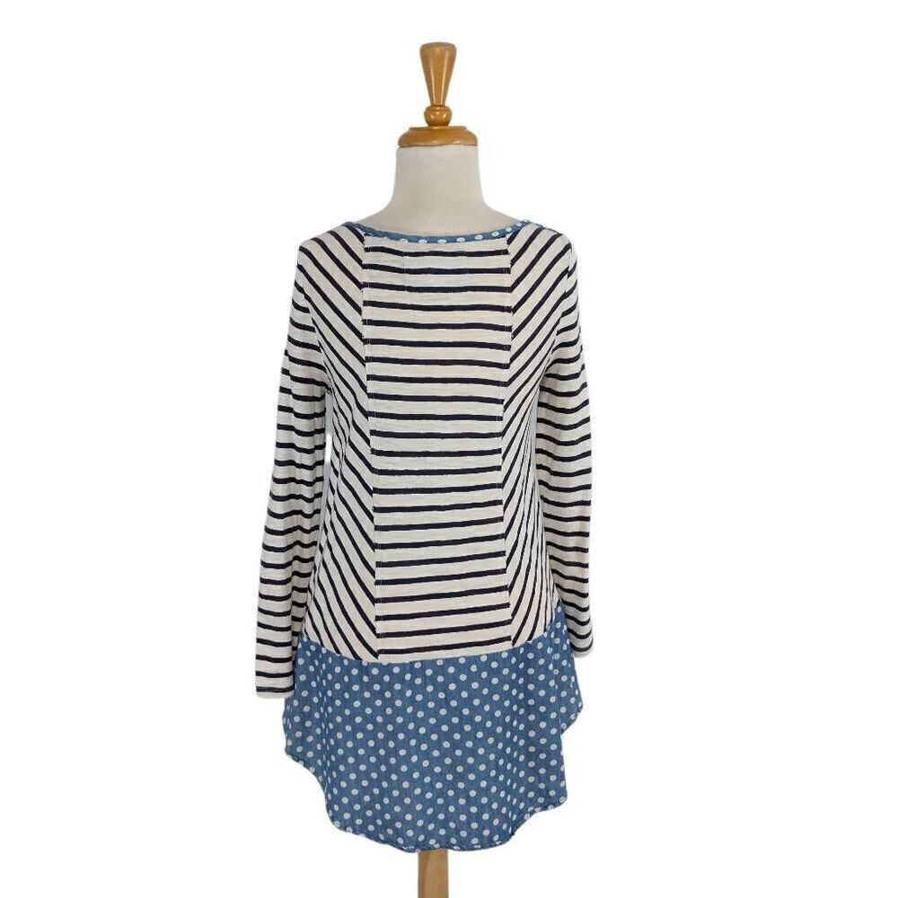 Anthropologie S Postmark Fairley Striped Polka Dot Tunic Top Boho Mod Retro Blue - Picture 4 of 7